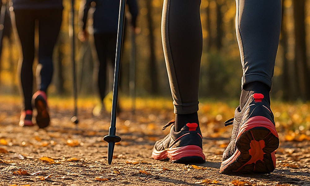 Laufgruppe mit Walking-Stöcken in einem herbstlichen Wald