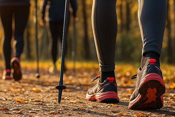 Laufgruppe mit Walking-Stöcken in einem herbstlichen Wald