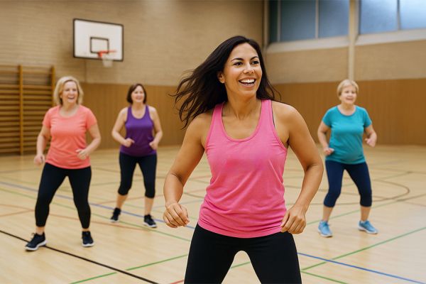 Tanzende, sportlich gekleidete Frauen in einer Sporthalle