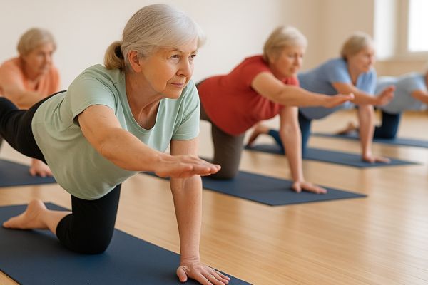 Mehrere ältere Damen bei der Ausführung einer Gymnastikübung in einer Sporthalle