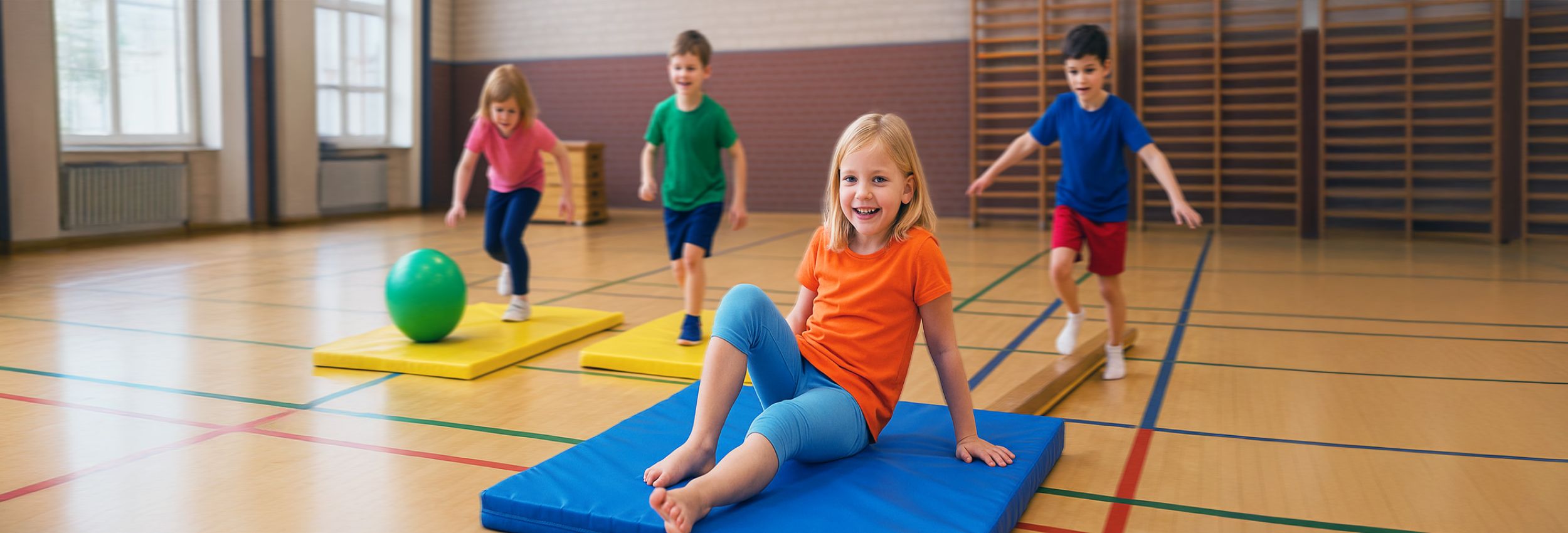 spielende Kinder auf Matten in einer Turnhalle