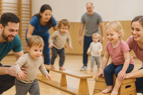 Eltern und Kinder gemeinsam beim Eltern-Kindturnen in einer Sporthalle